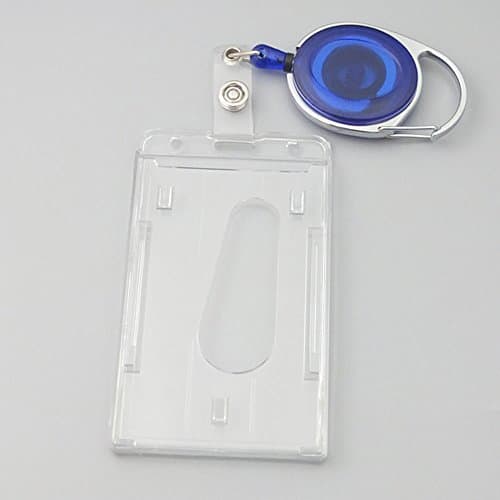 Bluemoona One Pcs - Vertical Style2 ID Hard Plastic Card Holder Business Stronghold Shielded + Oval Badge Reels Retractable Pick (Clear Blue)
