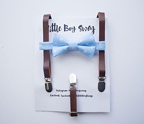 Light blue polka dot bow tie with dark brown leather suspenders. A stylish look for weddings, ring bearers, groomsman, birthday parties, cake smash or family photos.