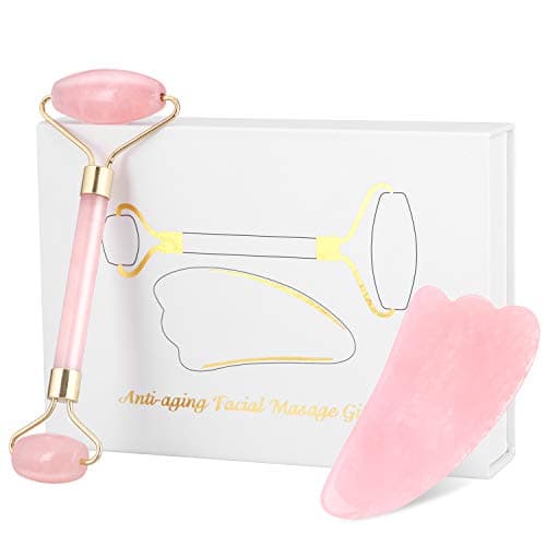 Rose Quartz Jade Roller And Gua Sha Tools Set For Face - 100% Natural Pink Gemstone Facial Roller Massage Anti Aging and Anti Wrinkle - Double-end Slimming Beauty Tool