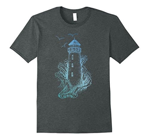 Mens Lighthouse TShirt - Pharos Wave and Seagull Tee Small Dark Heather