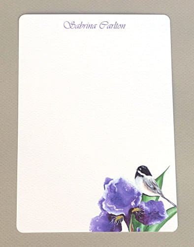 Chickadee & Purple Iris Women's Personalized Monogram Flat Note Cards With Envelopes, Custom Stationery Set, Girl's Monogram Stationary Kit