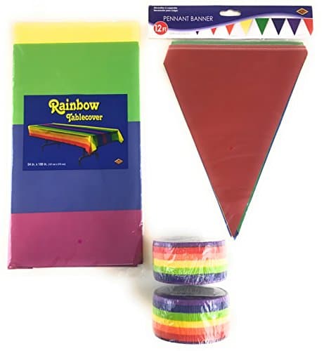 Rainbow Party Decorations For Kids Birthday Supplies Pack Bundle- Includes Tablecloth, Banner and Two Rolls of Streamers.