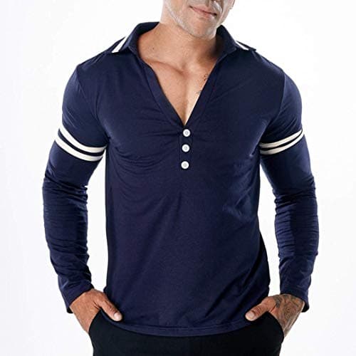 Easytoy Men's Casual Button V Neck Collar Classic Fit Patchwork Long Sleeve Polo T Shirts