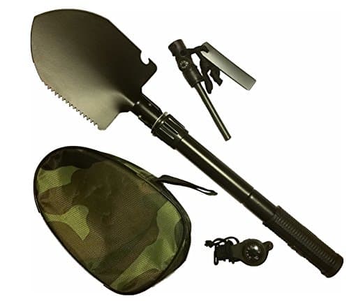 Compact Military Folding Shovel Pack Bundles Multi Purpose Outdoor Tools, Firestarter, Emergency whistles, Carry Case, Pick, Saws, Bottle Opener, Compass, Camping, Hiking, Gardening, Survival