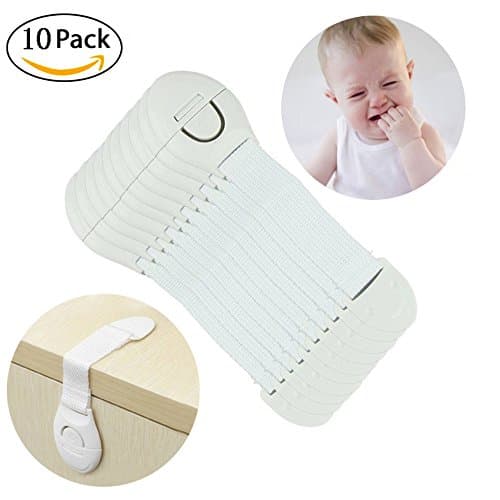 Child Safety Locks -Supercope (10 Pack)- No Tools or Drilling -Adjustable Size/Flexible -Adhesive Furniture Latches For Baby Proofing Cabinets, Drawers, Appliances, Toilet Seat, Fridge, Oven &amp; More