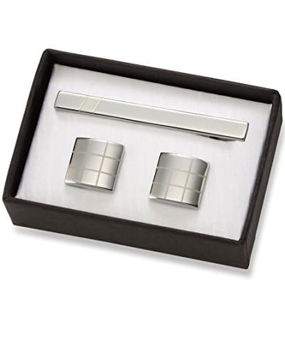 Alex Land 3 Pieces Gift Set 2-Tone Silver Grid Cuff Links and Matching Tie Clip in nice Gift Box