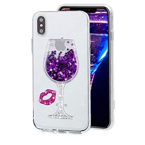 Cestor Liquid Glitter Case for iPhone XS Max Purple, 3D Bling Diamond Wine Glass with Sexy Red Lips Design Soft TPU Silicone Crystal Clear Protective Case for iPhone XS Max + Ring Holder Kickstand