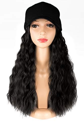 TOFAFA Black Wavy Wig with Hat,Adjustable Black Baseball Cap Fits Women Easy to Use,Synthetic Hair 1B