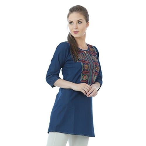 Dark Blue Denim Embroidered Keyhole Tunic