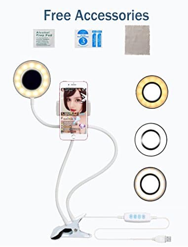Cell Phone Holder with Selfie Ring Light Stand for Live Stream Makeup, Omaliss Flexible Mobile Phone Clip Desk/Bedside Lamp for iPhone/Samsung/LG and Common Smart Phone (White)