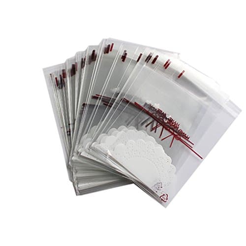 DORABO 100pcs Handmade Lace Bow Daisies Cookie Candy Soap Packaging Self-adhesive Plastic Bags for Biscuits Package (M)