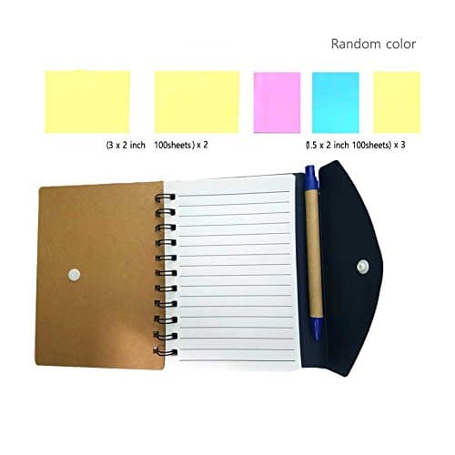 LuluRala Portable Mini 60 Ruled Sheets Spiral Notebook, 4.7" x 6.3" with Ballpoint Pen, Self-Stick Note 100sheet x2 (Button Navy)