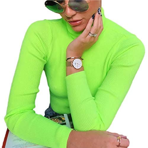 Limtery Women's Fluorescent Turtleneck Rib Long Sleeve Stretchy Pullover Sweatshirt Top