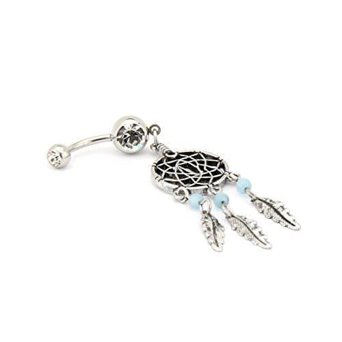 Belly Ring White Stone - Dream Catcher Dangle With Beads - Naval Ring - 14G - 1.6mm