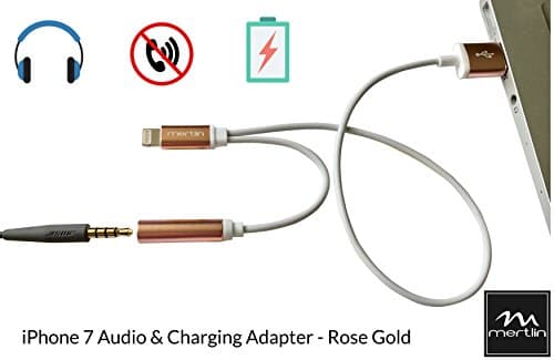 iPhone 7 Audio and Charging Adapter, Mertlin TM Lightning to 3.5mm Headphone Jack Adapter with USB Cord for Charging, Listen and Charge at Same Time, [No Phone Calls, No CC Reader] Rose Gold 2in1
