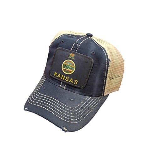 Kansas Flag Distressed Trucker Baseball Cap (Navy)
