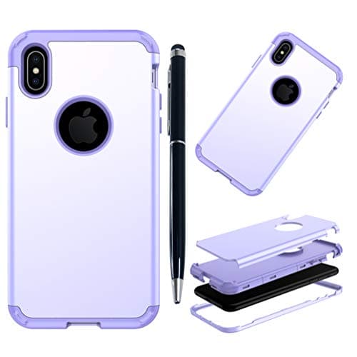 Edauto iPhone Xs Max Case, iPhone Xs Max 2018 Case 3 in 1 [Hard Back + Soft Inner + Hard Front] Protective Cover Simple Skin Shockproof Bumper Shell Stylus Pen for iPhone Xs Max 6.5'' - Light Purple