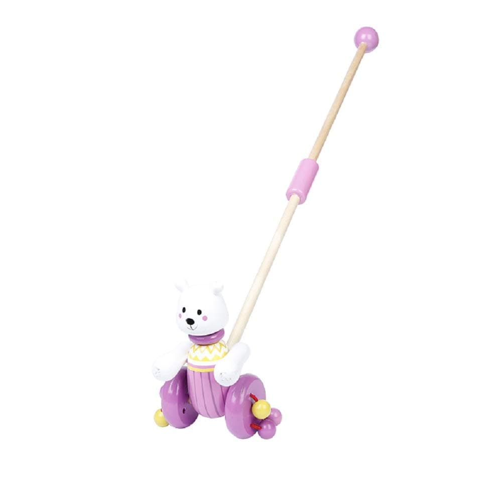 Elegant Little White Bear Wooden Push-n-Pull Activity Walking Toy with Colorful Rolling Beads for Toddlers and Babies Girl or Boy, Classic Early Learning Balance Walking Play Toy
