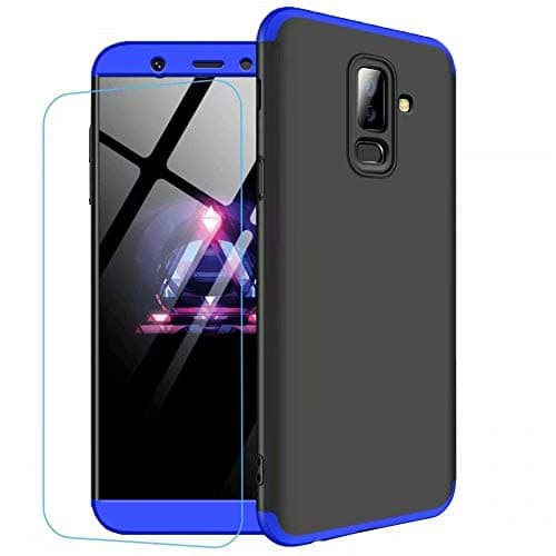Ttimao Samsung Galaxy J8 2018 Case PC Hard Case [Tempered Glass Film] Anti Scratch Shockproof Ultra-thin 360 ° Protective Cover Triple-in-one Protective Cover (Blue Black)