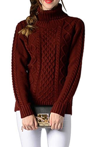 Women's Long Sleeve High Neck Knit Pullover Cable Turleneck Sweater Wine Red M