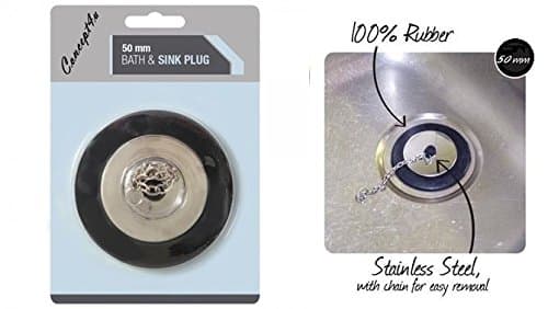 CONCEPT4U® 50mm Black and Silver Rubber Plug with Chain Bath Sink Kitchen Bathroom