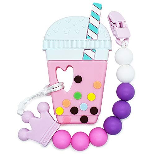 Bibofish Neutral Coffee Cup Silicone Teether Set Food Grade Silicone Teething Toy for Infant (Pink)
