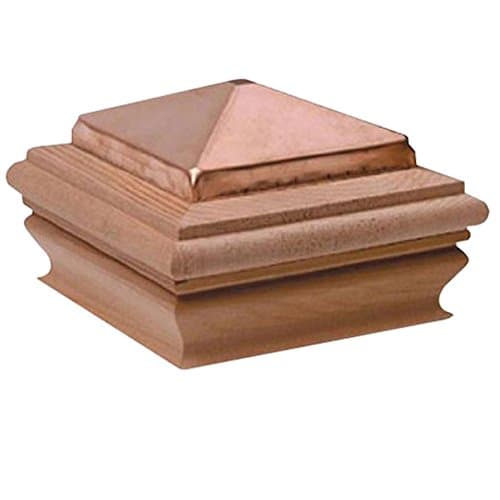 Woodway Copper Post Cap – Small Pyramid With Treated Wood Base Fence Top for Garden, Deck and Patio, 4 x 4, 1 Pack