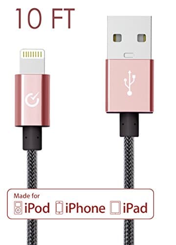 Volts Lightning Cable 10ft USB [Apple MFi Certified] Exo Nylon Braided Lightning Charger w/ Aluminum Case on USB &amp; 8-pin Connector for Apple iPhone 6 / 6 plus, iPod, iPad &amp; more (Exo Rose Gold 10FT)