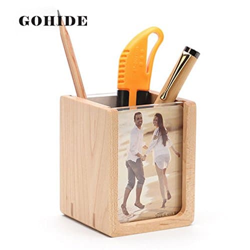 GOHIDE A New Design U Shape Natural Wood Multi-functional Pen Holder Container Stationery Office Pencil Box with Photo Frame Desk Using XCX