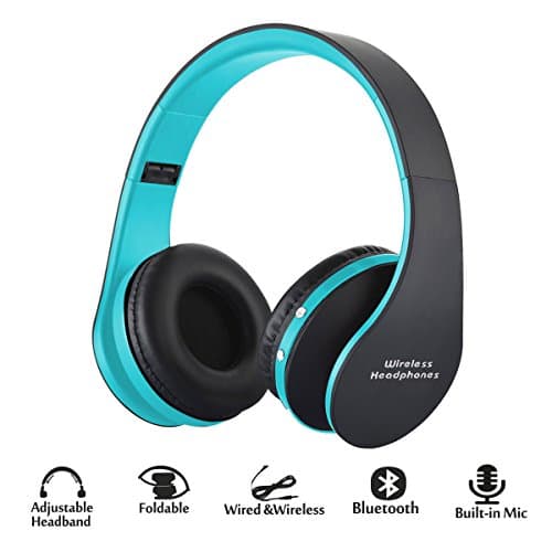 Foldable Wireless/Wired Headphones, Hyfanda Bluetooth Over-ear Headset Rechargeable Earphones with Built-in Microphone 3.5mm Audio Jack MIC for iPhone 8/7/6 & Desktop, PC - Black Blue