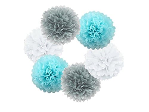 Hanzen 6 Pcs Mixed White Gray Light Blue 10 Inch Tissue Paper Pom Poms Flower Balls For Birthday Wedding Party Baby Shower Outdoor Decorations