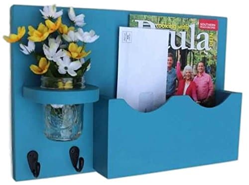 Legacy Studio Décor Mail Organizer with One Large Mail Slot Key Hooks and Mason Jar (Smooth, Teal)