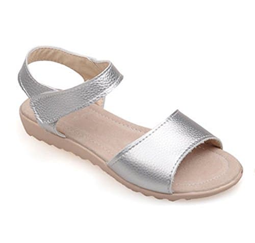 CHFSO Women's Casual Open Toe Hook and Loop Sandles Flats Shoes Silver 11 B(M) US