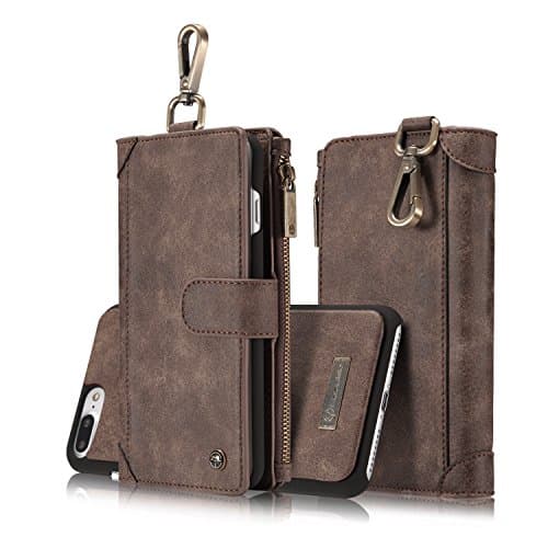 iPhone 7 Plus case , Hoosam Detachable Leather Wallet Case [Belt Clip Buckle] [Card Slots] Zipper Cash Storage with Removable Magnetic Slim Back Shell Cover Holder For iPhone 7 Plus - 5.5 - Brown