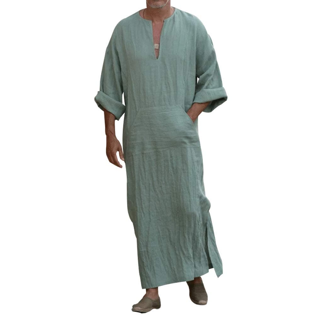 Men's Caftan V-Neck Short Sleeve Robe Side Split Cotton Long Gown Thobe S-5XL