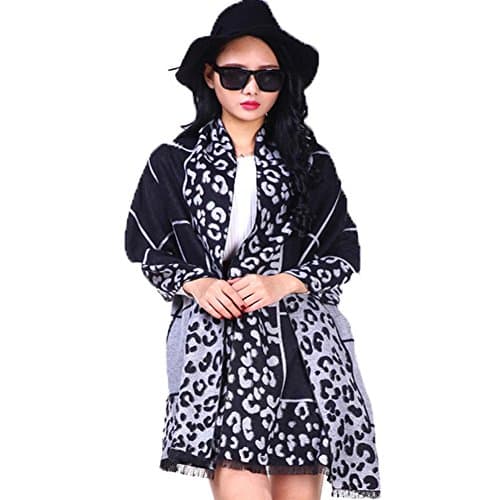 Priny Women's Soft Luxury Oversize Plaid Leopard Spots Pattern Cashmere Scarf (black)