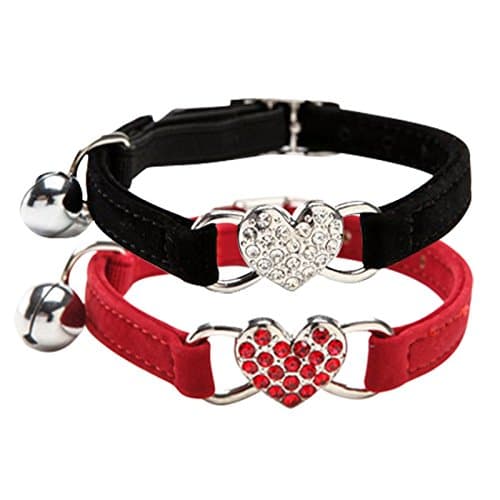 CHUKCHI Cat collar with bell bling-Cat Adjustable Collar with Crystal Heart Charm and Bells 8-11 Inches(Black+Red)