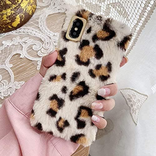 Lafunda For iPhone X iPhone Xs Protective Case, Ultra Slim Plush Case Luxury Fashion Love Cute Fuzzy Furry Winter Warm Fur 3D Leopard Plush Pattern Soft TPU Velvet Animal Print Back Case Brown