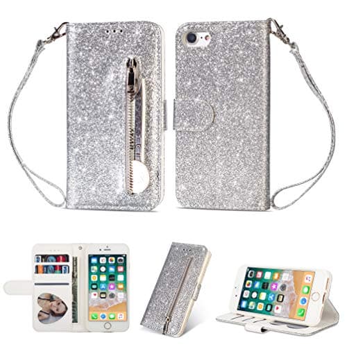 KANTAS iPhone 6S Plus/6 Plus Glitter Zipper Wallet Case, Bling Sparkle PU Leather Book Cover with Card Slots Kickstand Function Magnetic Closure Flip Case for iPhone 6S Plus/6 Plus (5.5"), Silver