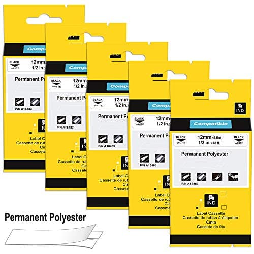 AKen Compatible Permanent Polyester Adhesive Fabric Label Tape p/n Replacement for DYMO Rhino 18483 A18483 for 5200 4200 6000 PL200 Industrial Label Maker Black on White 1/2 Inch 12mm 5 Refills