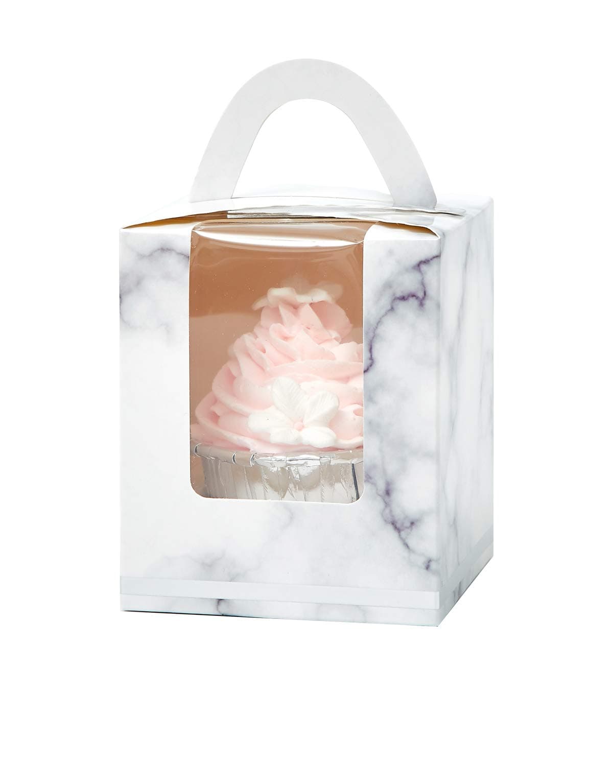 Yotruth Marble Cupcake Boxes Individual Easy Assembly Pop-up 50 Sets with Handle Window and Insert (Choice Series)