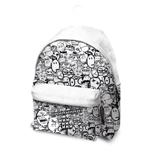 KOOKIE - Backpack for leisure - MEME PATTERN - Colour: white - Material: polyester 600 - Padded back and shoulder straps - Size: 30x15x42 cm.