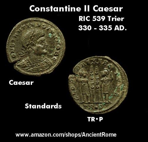 330 AD. Constantine II as Caesar. Two Roman Soldiers Two Standards. Coin.