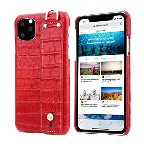 GGEBKEA- for iPhone 11 Pro Max 6.5 Case Cover, Crocodile Texture Real Cowhide Genuine Leather Case with Hand Strap Holder, Smartphone Back Cover for iPhone 11 Pro Max 6.5 inch 2019 (Color : Red)