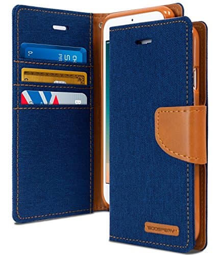 iPhone 7 Plus Case,Drop Protection,Denim Material Wallet Case [ID Card / Cash Slot] with Stand Flip Diary Cover w/ TPU Casing for Apple iPhone 7 (4.7") - Black / Black (CANVAS Blue / Tan Brown)
