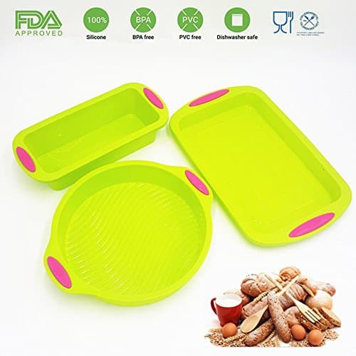 Nonstick Bakeware 3-Piece Set | Bundle of 3 Baking Molds, Round Cake Pan, Square cake Pan, Rectangle Bread cake Pan Mold, for Pies, Cakes, Loaf, Double Color Silicone Value Baking Set by KuXun