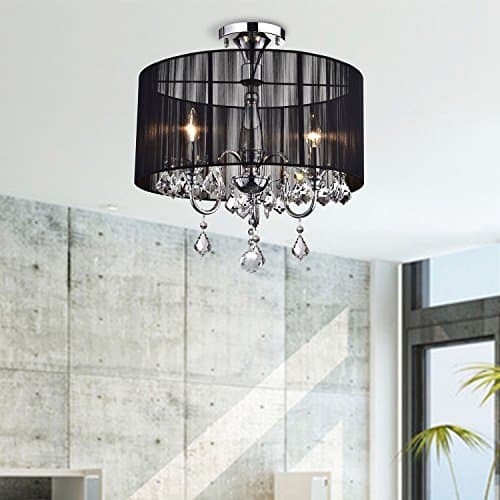 Drum Crystal Chandelier Lighting 3 Light Semi Flush Mount Crystal Lamp Living Room Foyer Entry Round Ceiling Light Fixture W18.5 X H20 inches Black and Chrome Color