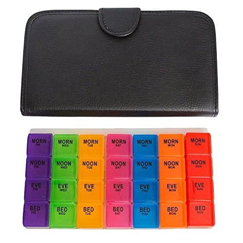 Rainbow Weekly 28 Compartments Pill Organizer with Snap Lids 7-Day Detachable Compartments for Pills, Vitamin. (XXL Black Leather)