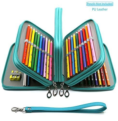 72 Slots Pencil Case - PU Leather Handy Multi-Layer Large Zipper Pen Bag with Handle Strap for Colored/Watercolor Pencil