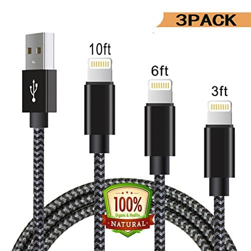 iPhone Cords, 3Pack 3FT 6FT 10FT Nylon Braided Lightning to Manyi USB Charging Cable, Syncing & Charging Cord for iPhone 7/ 6s Plus/ 6 /SE/5s 5c 5, iPad Air / mini / 4th, iPod Nano (Black / gray)